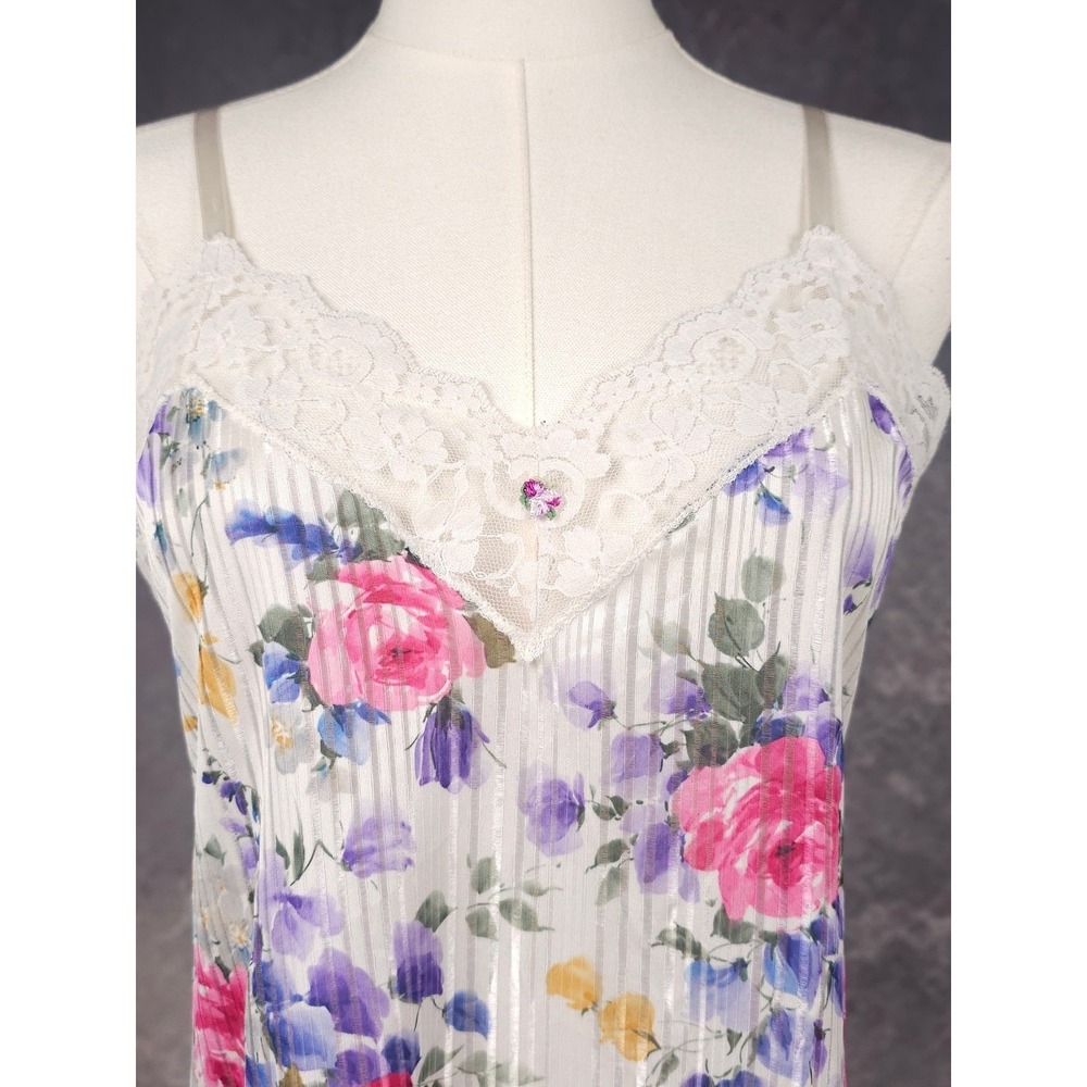 Vintage Y2K Floral Satin Stripe Lace  Trim Chemise Slip Coquette Womens  S - Picture 6 of 8